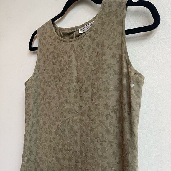 Tamotsu Women's Petite Sleeveless Floral Tropical Print Silk Green Dress Size M - Picture 3 of 8